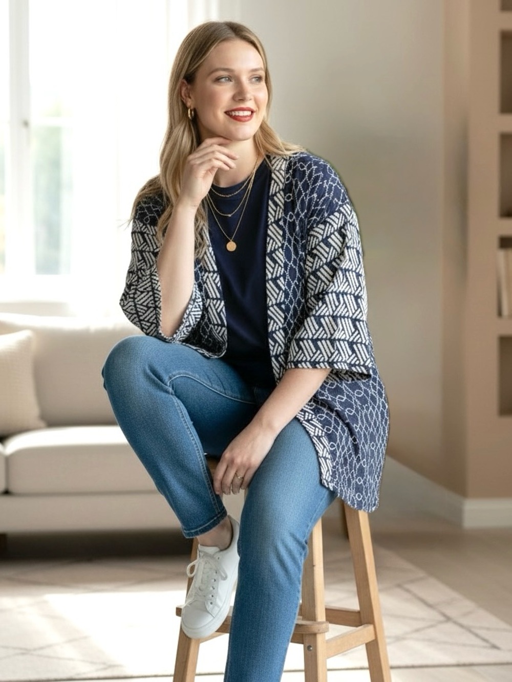 Pennington’s Blue Embroidered Geometric Open-Front Cardigan, 4X